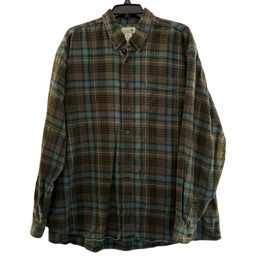 LL Bean Flannel Shirt Mens XXL Green Plaid Cotton Button Down Outdoors 0BHF4